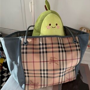 Burberry Beige Plaid Tote with Blue Trim
